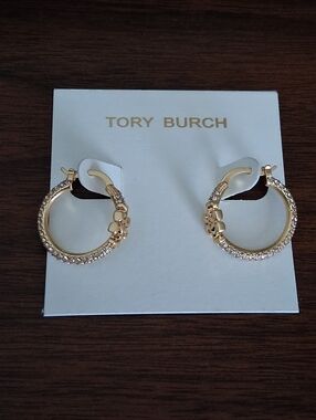 Tory Burch Small Eleanor Pave Hoop Logo T Earrings. NWOT